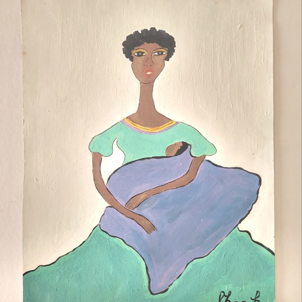 11x14 Original Painting, african woman, blue green, baby and mom, ethic art